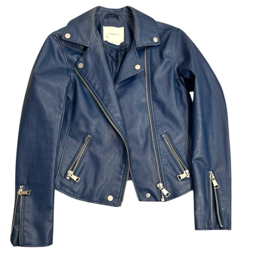 Anthropologie The Saige Faux Leather Moto Jacket XXS Blue Motorcycle Biker